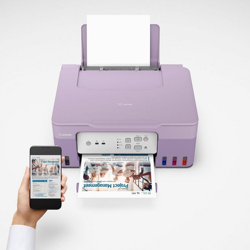 Canon PIXMA G3430 Wireless Colour 3-in-1 Refillable MegaTank Printer, VioletProduct user printing a document using a smartphone