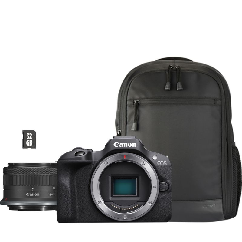 Appareil photo hybride Canon EOS R100 + RF-S 18-45mm F4.5-6.3 IS STM + sac  à dos + carte SD dans Appareils photo wifi — Boutique Canon Suisse