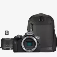Canon EOS R100 spiegelloses Kamera Produkt Produkt mit Rucksack, Objektiv, Speicherkarte und Akkus