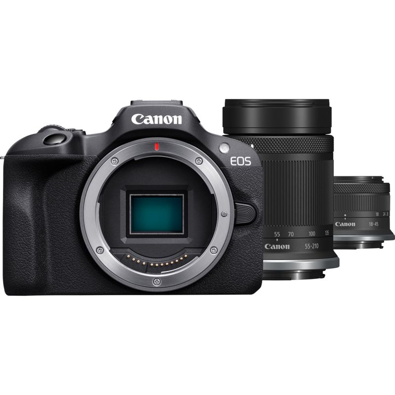  Canon EOS R100 Mirrorless Camera w/RF-S 18-45mm f/4.5-6.3 is  STM Lens + Wide Angle Lens + Telephoto Lens + 64GB Memory + 3 Pc Filter Kit  + Case + Flash +