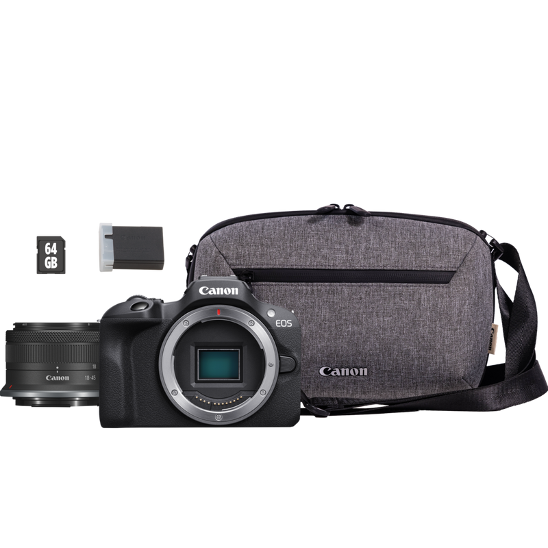Canon EOS R100 Mirrorless Camera + RF-S 18-45mm F4.5-6.3 IS STM Lens + Backpack + SD Card Product Product with bag, lens, memory card and battery