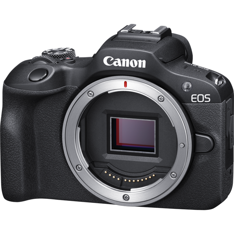 Canon EOS R100 Mirrorless Camera + RF-S 18-45mm F4.5-6.3 IS STM Lens + Backpack + SD Card Product Front Slant View