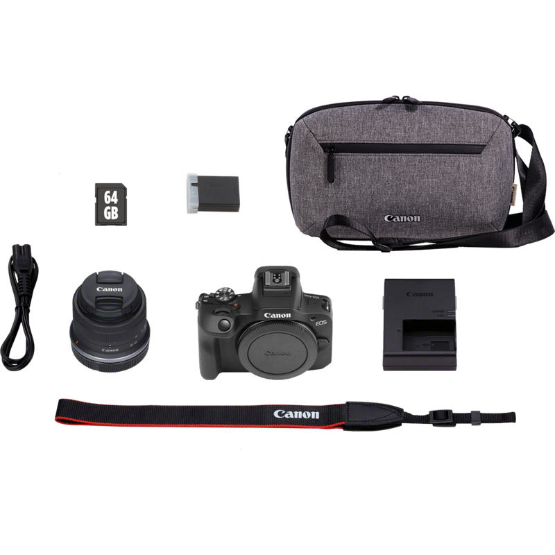 Canon EOS R100 Mirrorless Camera + RF-S 18-45mm F4.5-6.3 IS STM Lens + Backpack + SD Card Product What's in the Box