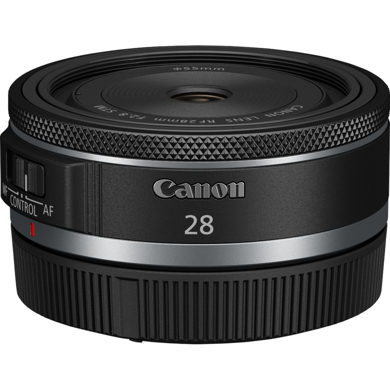 Canon RF 28mm F2.8 STM-objektiv Produkt Set skråt ovenfra med hætte
