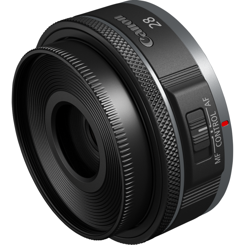Canon RF 28mm F2.8 STM-objektiv Produkt Set skråt forfra fra venstre