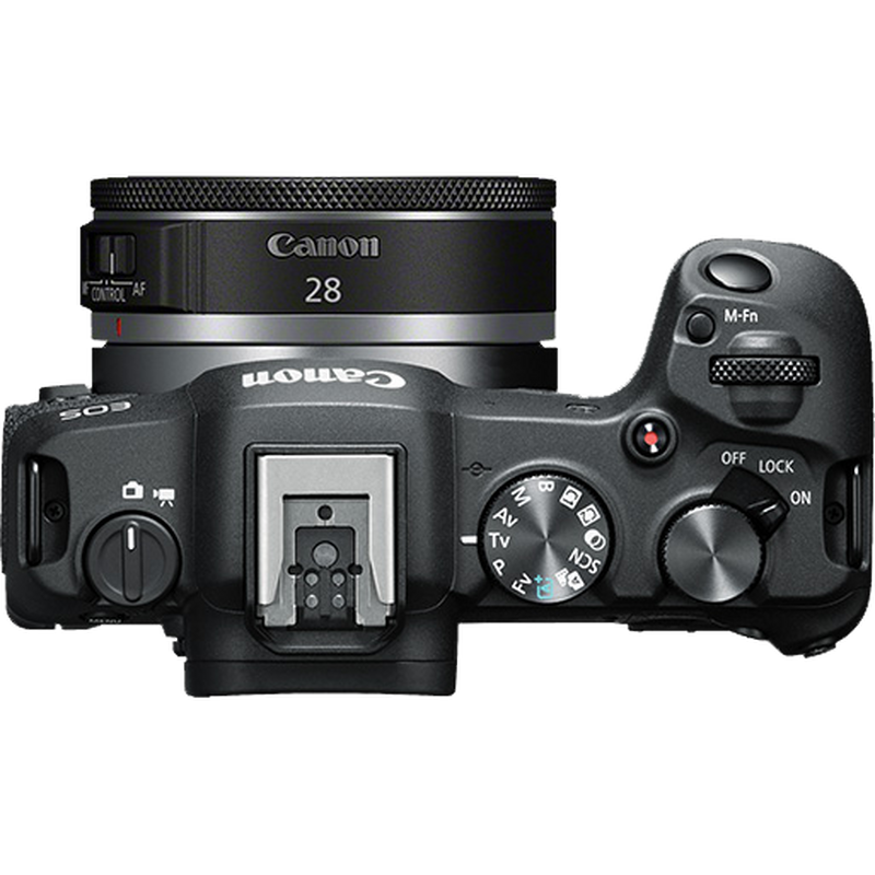 Canon RF 28mm F2.8 STM-objektiv Produkt Produkt set ovenfra, fastgjort på kamera