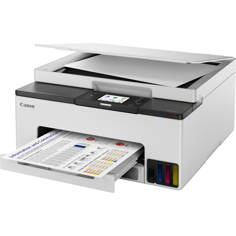 Canon MAXIFY GX1040 Wireless Colour 3-in-1 Refillable MegaTank Inkjet Printer Product Front angled view with paper tray open