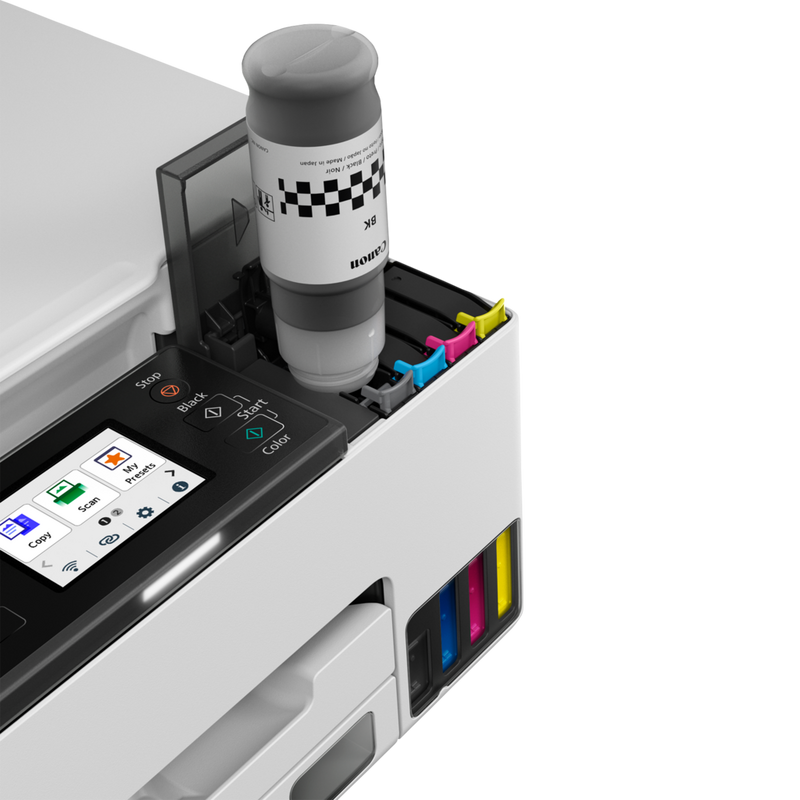 Canon MAXIFY GX1040 Wireless Colour 3-in-1 Refillable MegaTank Inkjet Printer black ink refilling using genuine canon ink bottle