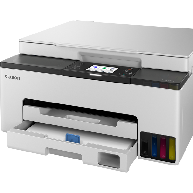 Canon MAXIFY GX1040 Wireless Colour 3-in-1 Refillable MegaTank Inkjet Printer Front angled view with paper in the tray