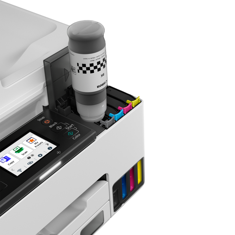 Canon MAXIFY GX2040 Wireless Colour All-in-One Refillable MegaTank Inkjet Printer Product black ink refilling using genuine canon ink bottle