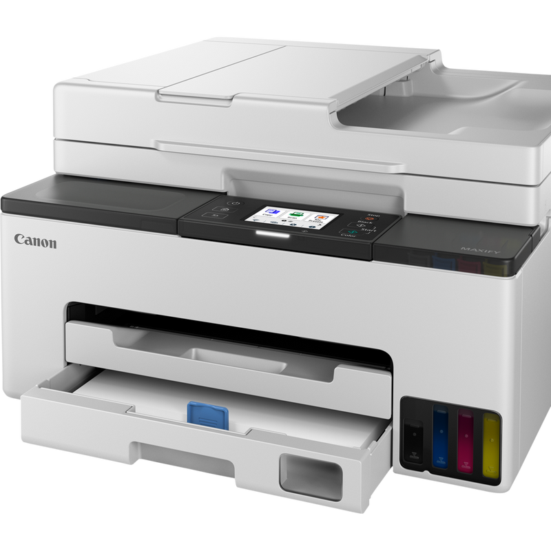 Canon MAXIFY GX2040 Wireless Colour All-in-One Refillable MegaTank Inkjet Printer Product Front angled view with paper in the tray