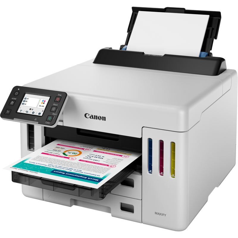 Canon MAXIFY GX5540 Wireless Colour Refillable MegaTank Inkjet Printer Front angled view with printout on the tray