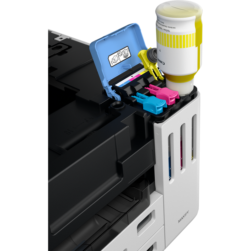 Canon MAXIFY GX5540 Wireless Colour Refillable MegaTank Inkjet Printer Yellow ink refilling using genuine canon ink bottle