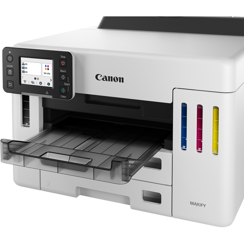 Canon MAXIFY GX5550 Wireless Colour Refillable MegaTank Inkjet Printer Front angled view with touchscreen display options