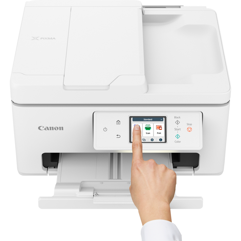 Canon PIXMA TS7740i Wireless Colour 3-in-1 Inkjet Photo Printer Product Front view with user operating the printer