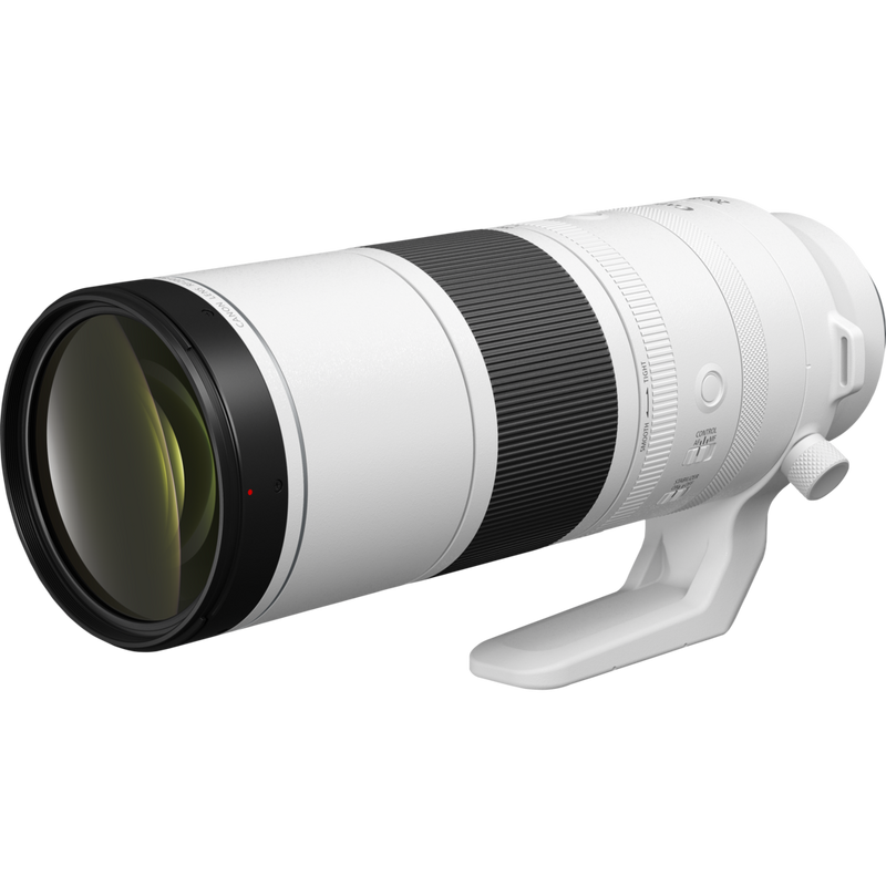 Canon RF 200-800mm F6.3-9 IS USM -objektiivi Näkymä viistosti vasemmalta jalustan kanssa