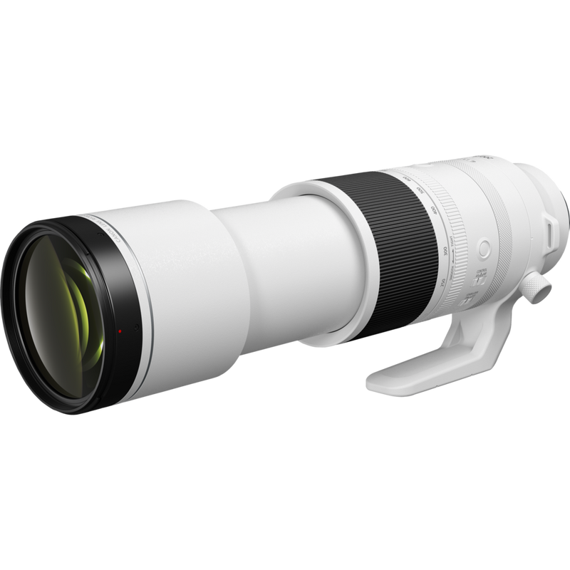 Canon RF 200-800mm F6.3-9 IS USM -objektiivi Näkymä tuotteesta avattuna viistosti vasemmalta jalustan kanssa