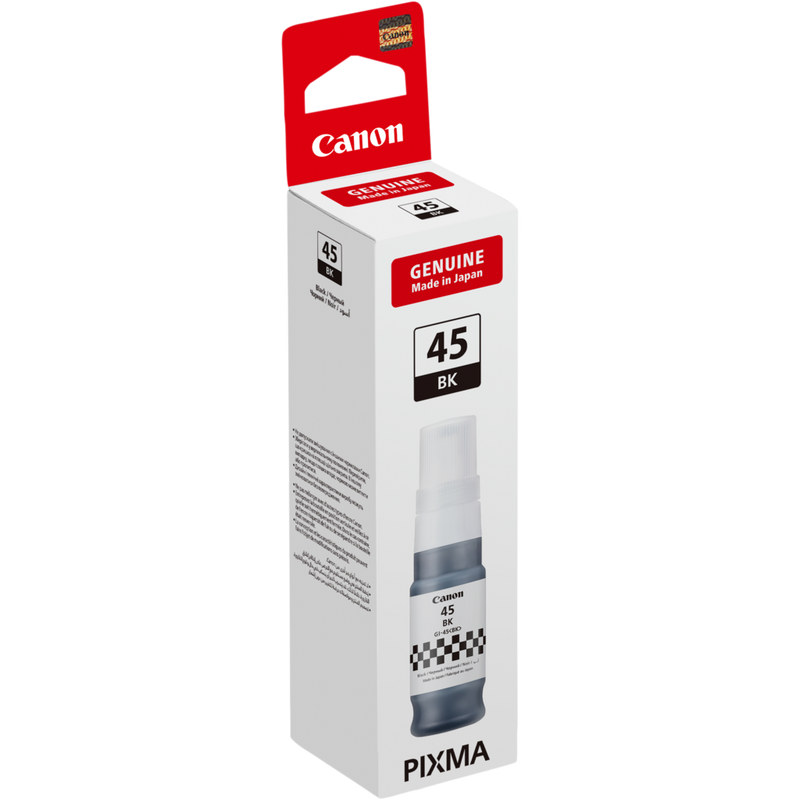 Canon GI-45BK Black Ink Bottle Product Package angled view
