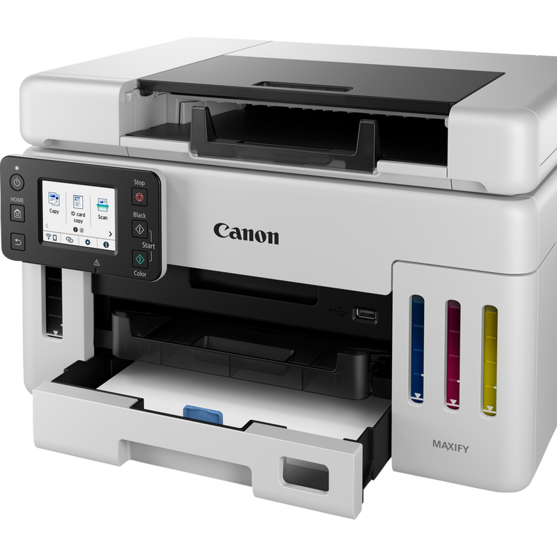 MAXIFY GX6550 Wireless 3-in-1 Refillable MegaTank Inkjet Printer Product Front view with paper in paper tray
