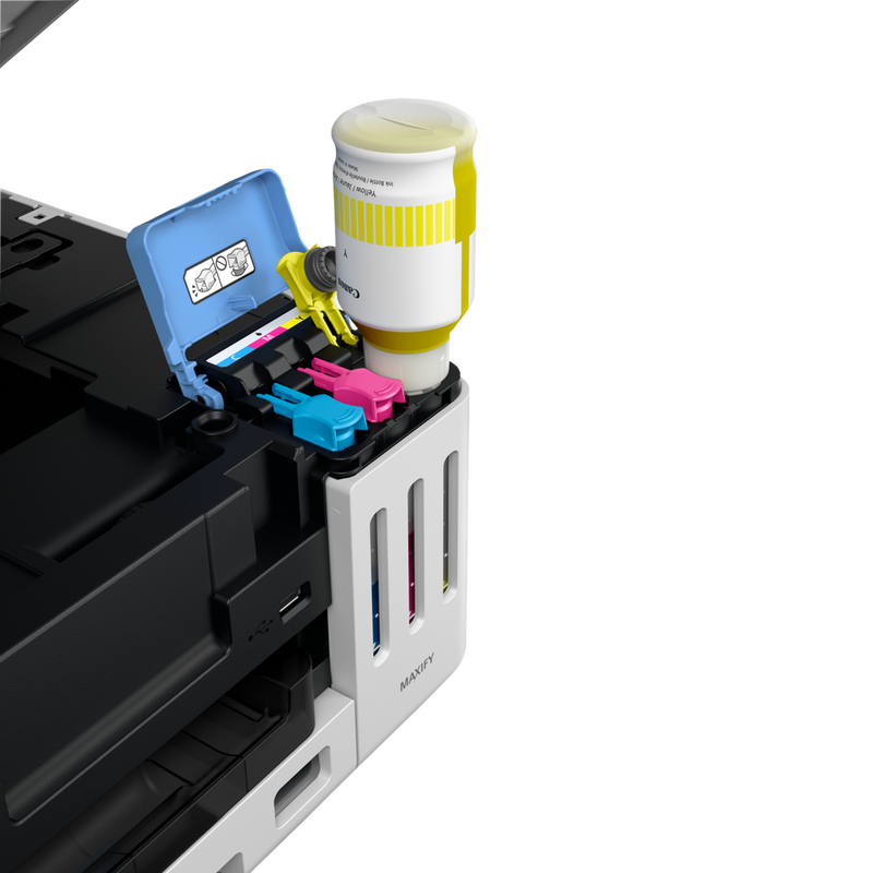 MAXIFY GX6550 Wireless 3-in-1 Refillable MegaTank Inkjet Printer Product yellow ink refilling using yellow ink bottle