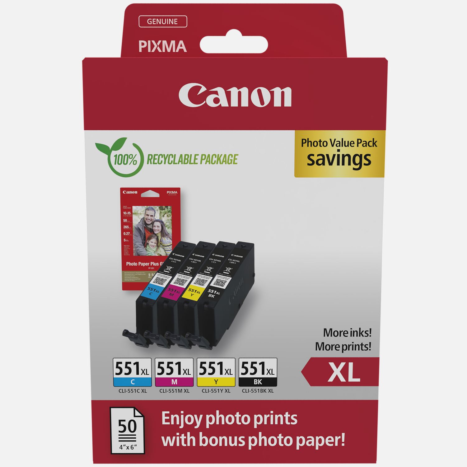 Image of Confezione multipla di cartucce Inkjet a resa elevata per foto Canon CLI-551XL BK/C/M/Y