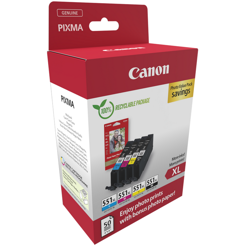 Canon CLI-551XL High Yield BK/C/M/Y Photo Value Pack Product Package front angled view