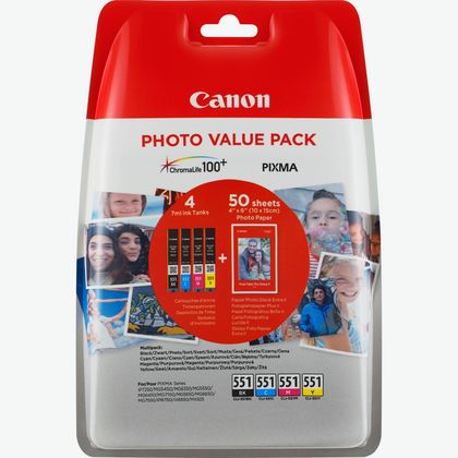 Image of Canon CLI-551 BK/C/M/Y Ink Cartridge + Photo Paper Value Pack