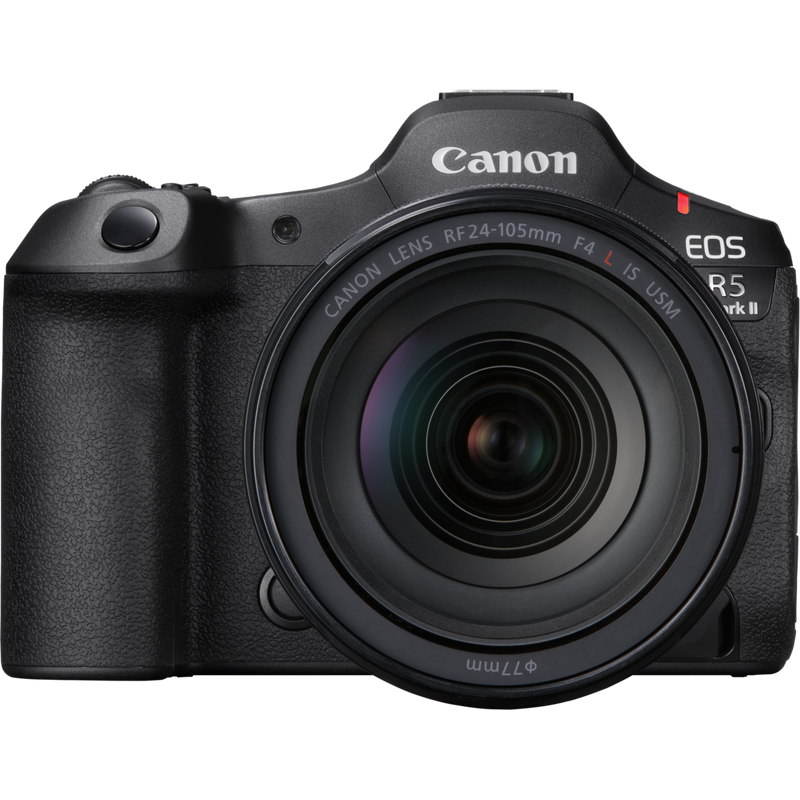 Canon EOS R5 Mark II Mirrorless Camera + RF 24-105mm F4L IS USM Lens Product Front View with attached Lens