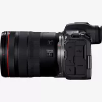 Canon EOS R5 Mark II spiegellose Kamera und RF 24-105mm F4 L IS USM Objektiv Produkt Ansicht von links mit angebrachtem Objektiv