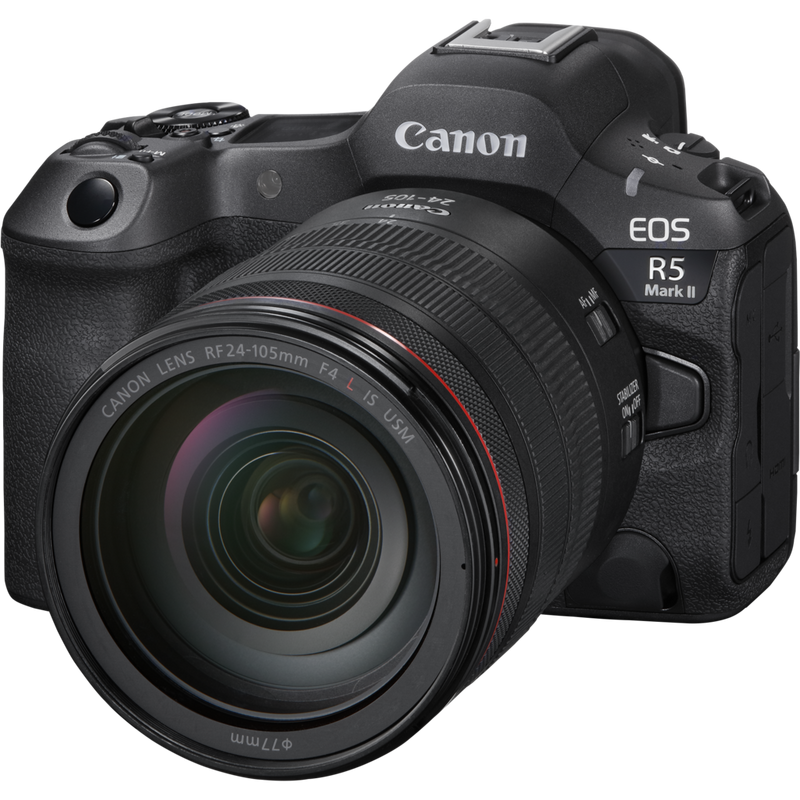 Canon EOS R5 Mark II Mirrorless Camera + RF 24-105mm F4L IS USM Lens Product Front Left View with attached lens