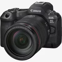 Canon EOS R5 Mark II spiegellose Kamera und RF 24-105mm F4 L IS USM Objektiv Produkt Vorderansicht von links mit angebrachtem Objektiv