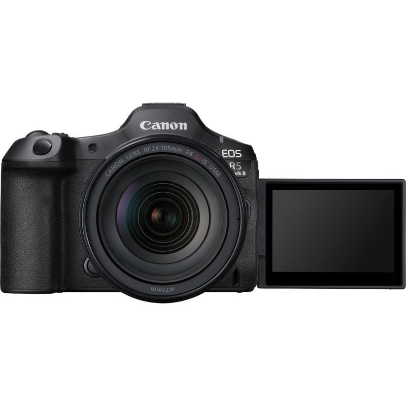 Canon EOS R5 Mark II Mirrorless Camera + RF 24-105mm F4L IS USM Lens Product Front View with open screen