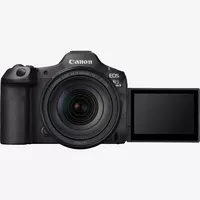 Canon EOS R5 Mark II spiegellose Kamera und RF 24-105mm F4 L IS USM Objektiv Produkt Vorderansicht mit ausgeklapptem Bildschirm