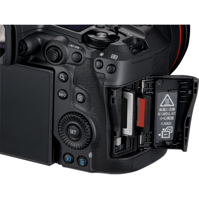 Canon EOS R5 Mark II Mirrorless Camera + RF 24-105mm F4L IS USM Lens Product Back View with SD card slot open