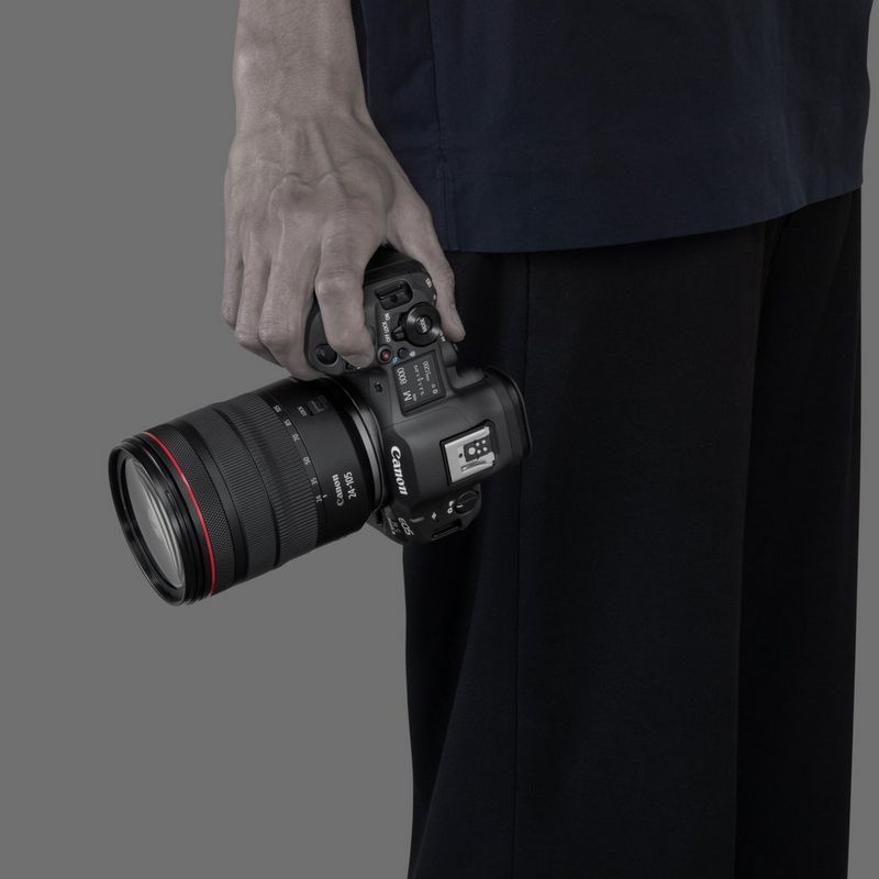 Canon EOS R5 Mark II Mirrorless Camera + RF 24-105mm F4L IS USM Lens Man holding the camera with Lens