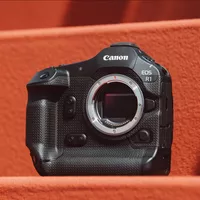 Canon EOS R1 Mirrorless Camera Body Camera placed on red steps