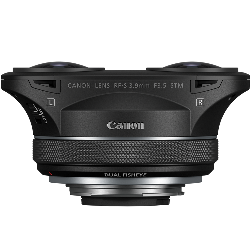 Canon RF-S 3.9mm F3.5 STM DUAL Fisheye Lens Product Left Top View with Canon branding