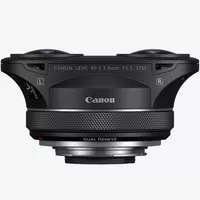 Canon RF-S 3.9mm F3.5 STM DUAL Fisheye Lens Product Left Top View with Canon branding
