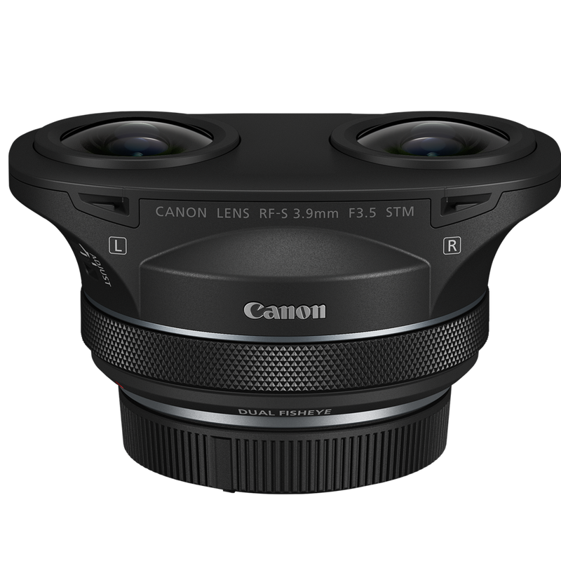 Canon RF-S 3.9mm F3.5 STM DUAL Fisheye Lens Product Front View with cap