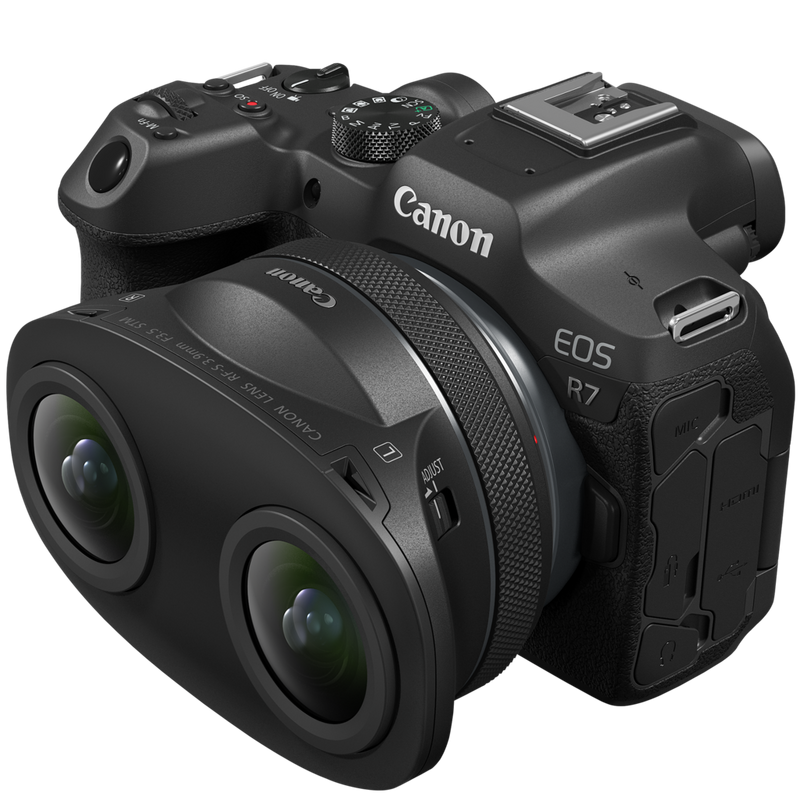 Canon RF-S 3.9mm F3.5 STM DUAL Fisheye Lens Product Right View of Lens fixed to a camera