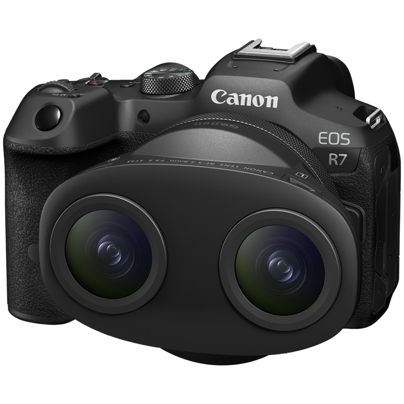 Canon RF-S 3.9mm F3.5 STM DUAL Fisheye Lens Front View of Lens fixed to a camera