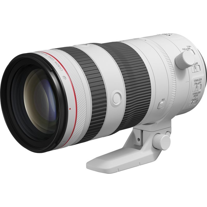 Canon RF 70-200mm F2.8L IS USM Z Lens, White Product Slant View with lend holder