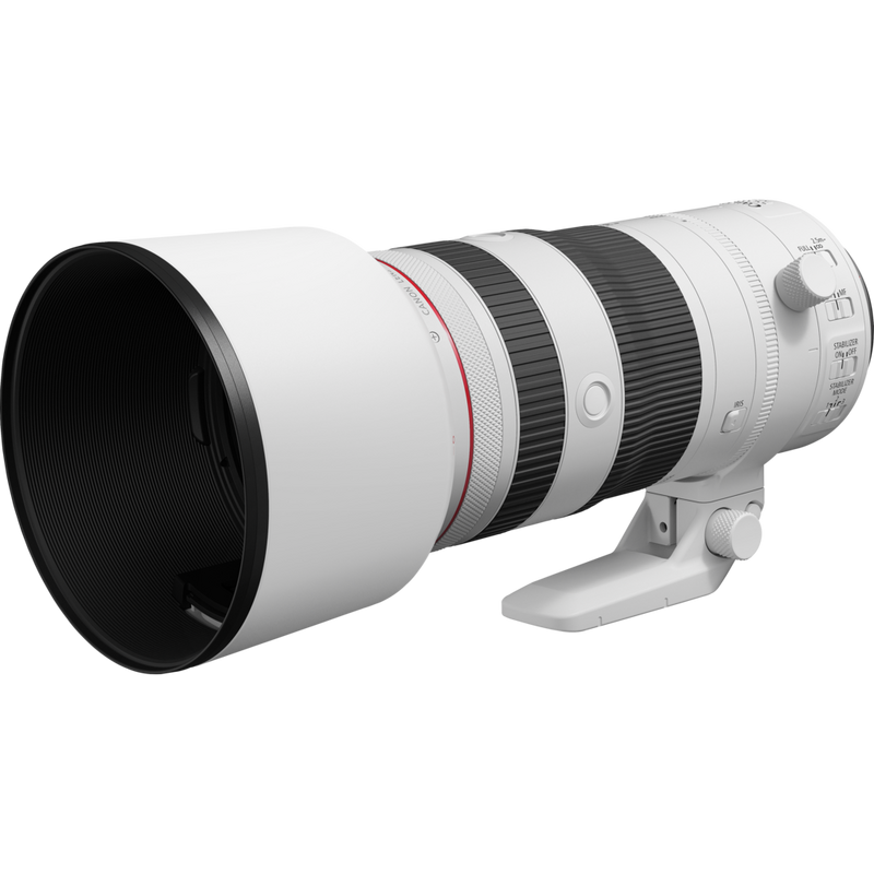 Canon RF 70-200mm F2.8L IS USM Z Lens, White Product Slant view with lend hood