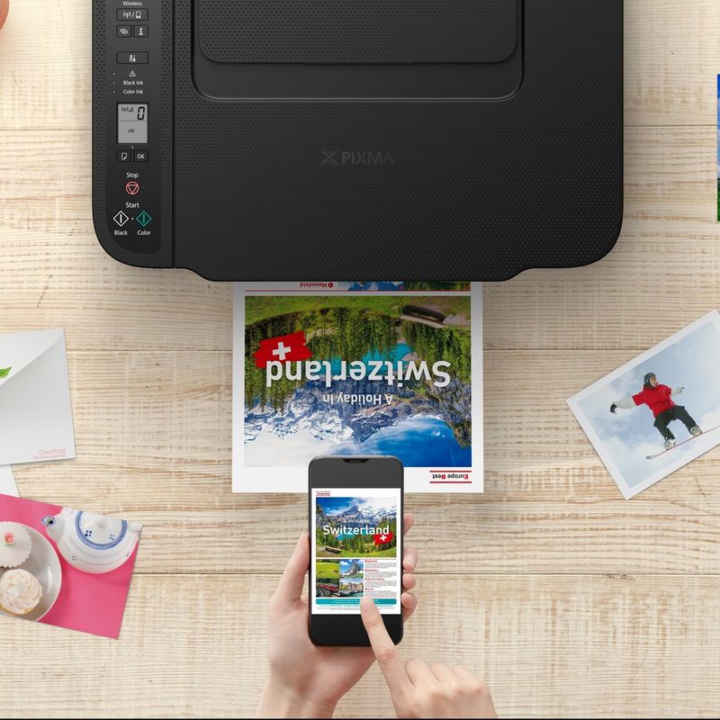 Canon PIXMA TS3640 Wireless Colour All-in-One Inkjet Photo Printer, Black Top View with phone showing connectivity