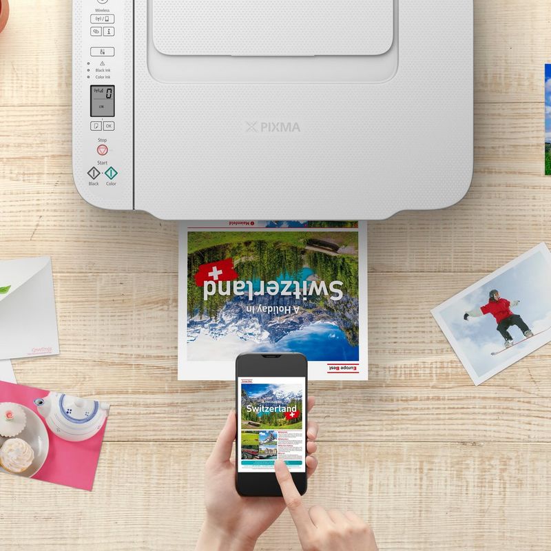 Imprimante multifonction Canon PIXMA TS3752i, bleue Produit Vue de dessus avec téléphone affichant la connectivité