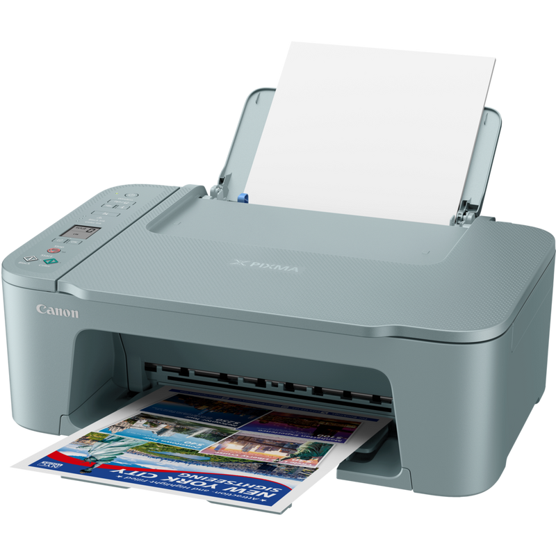 Imprimante multifonction Canon PIXMA TS3752i, bleue Produit Vue avant avec bac ouvert et montrant l'insertion du papier