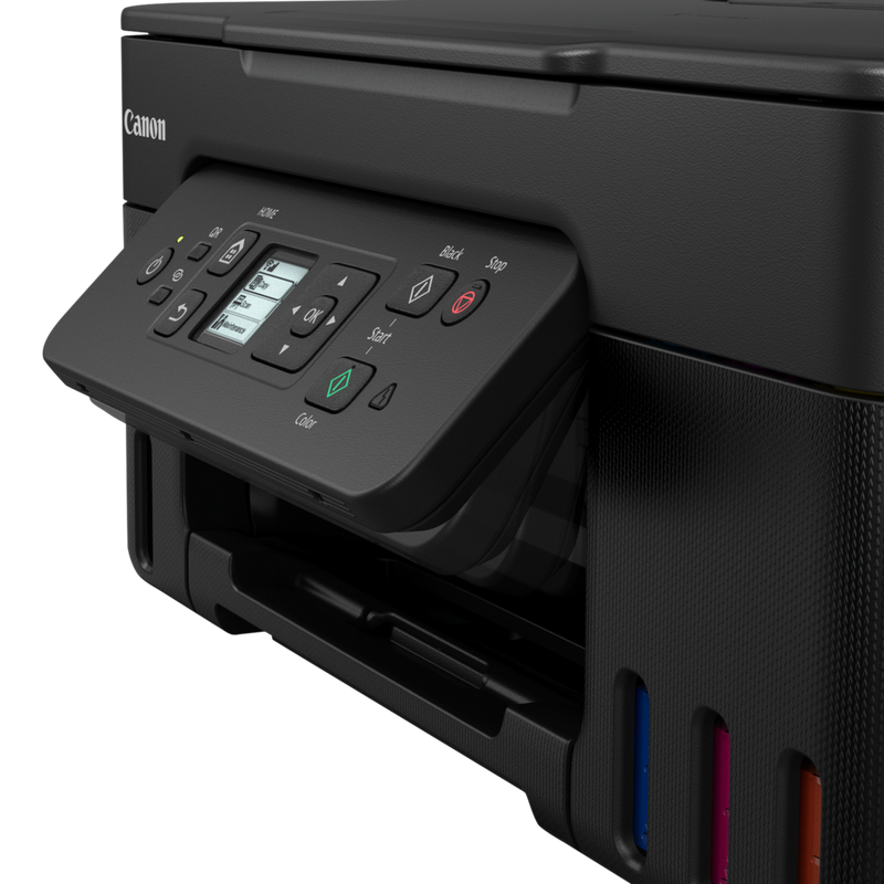 Canon PIXMA G3480 3-in-1 Refillable MegaTank Inkjet Printer Product Slant View with Tilting Control Panel