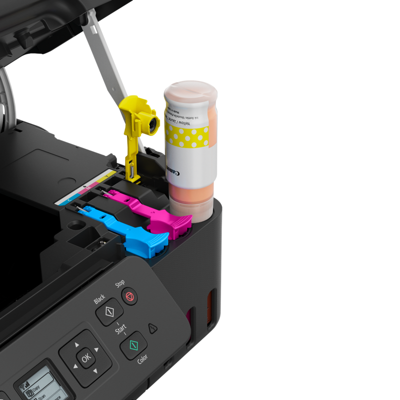 Canon PIXMA G3480 3-in-1 Refillable MegaTank Inkjet Printer Product Yellow bottle inserted View