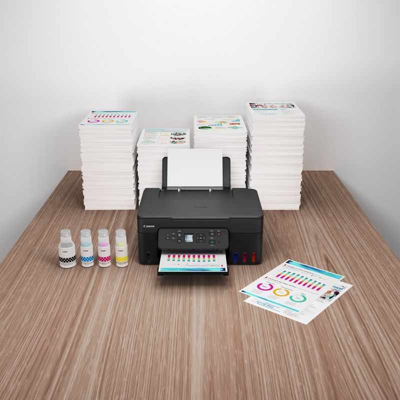 Canon PIXMA G3480 3-in-1 Refillable MegaTank Inkjet Printer Product kept on table with printouts and inks