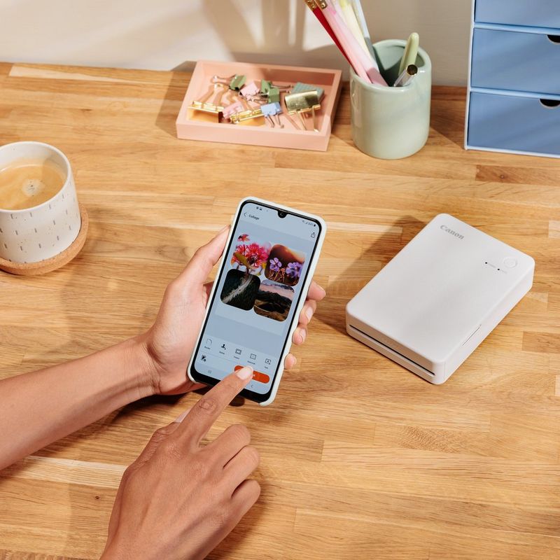 Canon SELPHY QX20 Portable Colour Photo Wireless Printer, Sand White Product showing phone connectivity